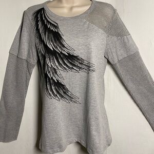 Size S Vocal Light Gray Wing Graphic Long Sleeve Top with Unique Mesh Sleeves